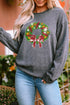 Gray Christmas Wreath Print Corded Pullover Sweatshirt